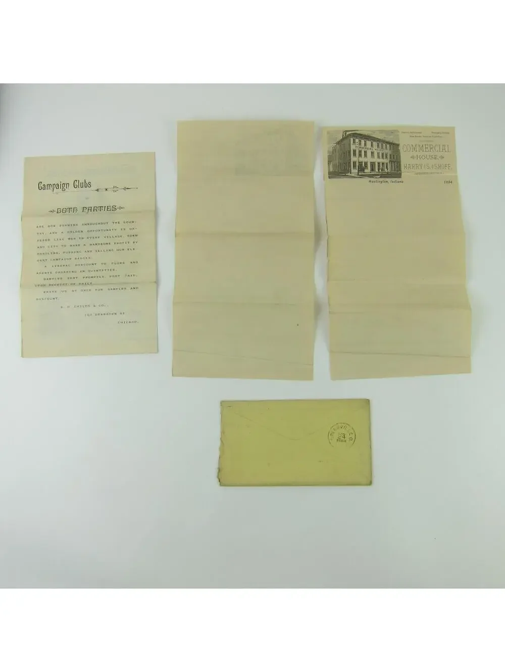 1884 Commercial House Huntington Indiana Letterhead SD Childs Co Badges Ad Lot